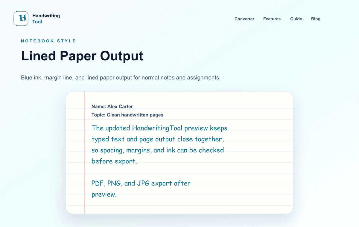 Lined paper handwriting output with blue ink and notebook margin
