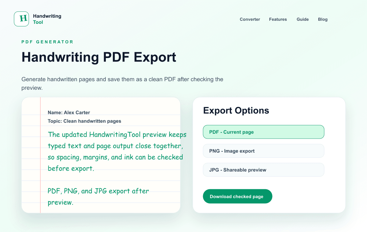 HandwritingTool handwriting PDF export preview