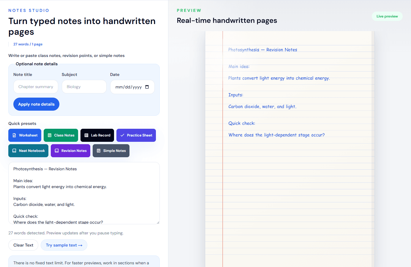 Handwritten revision notes created with the HandwritingTool converter