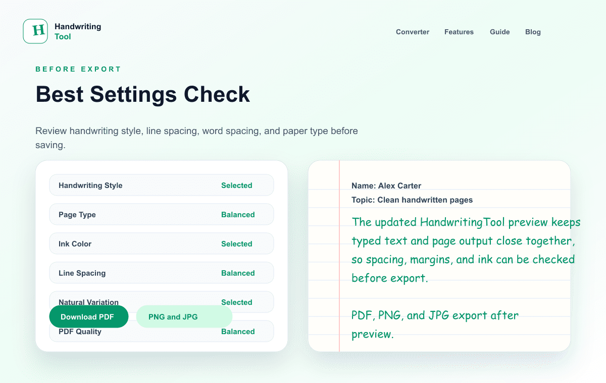 HandwritingTool page, paper, spacing, ink, and export settings