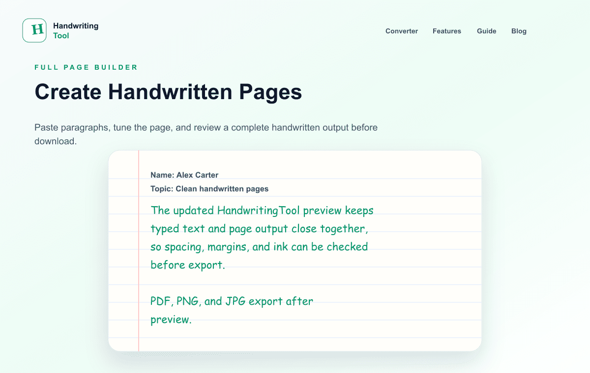 HandwritingTool full page builder and handwritten output preview