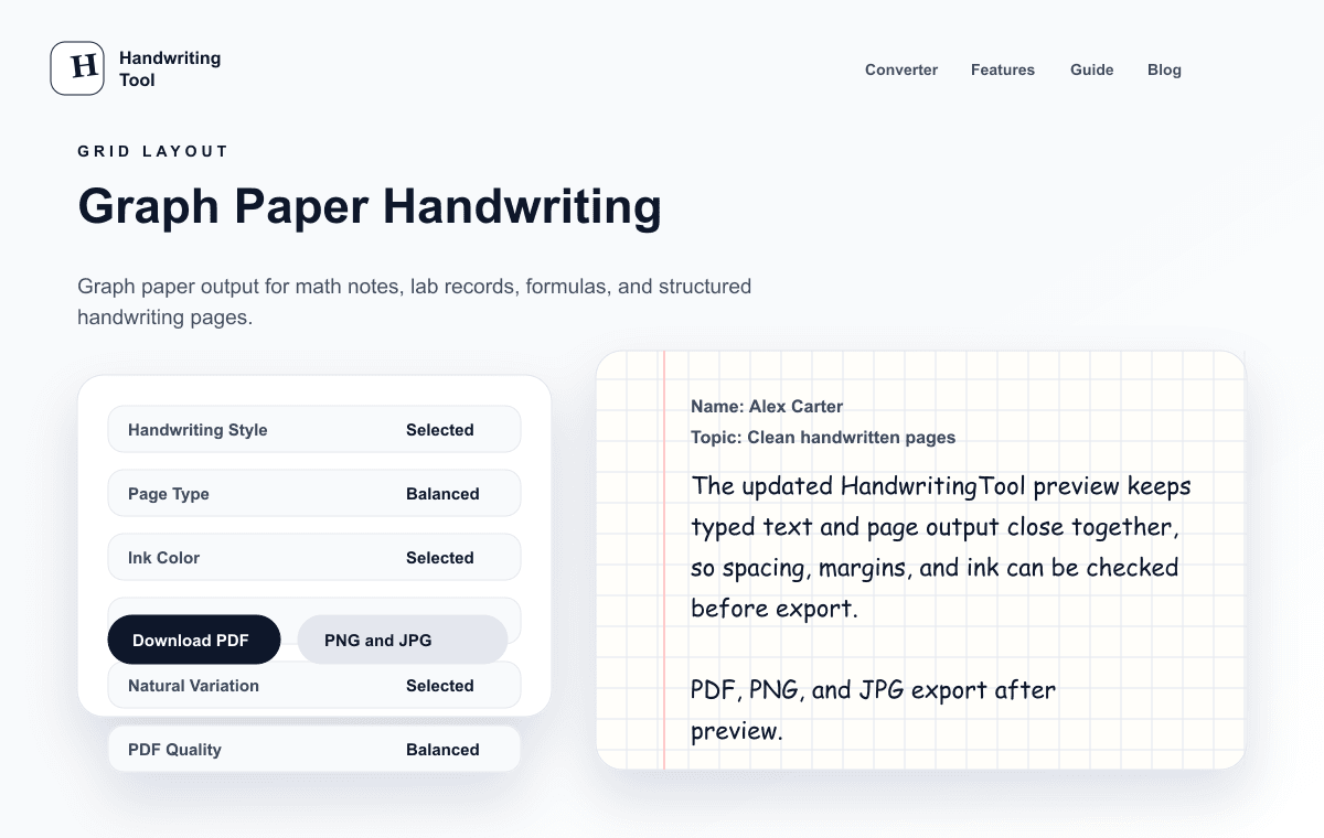 Graph paper handwriting output with structured black-ink notes