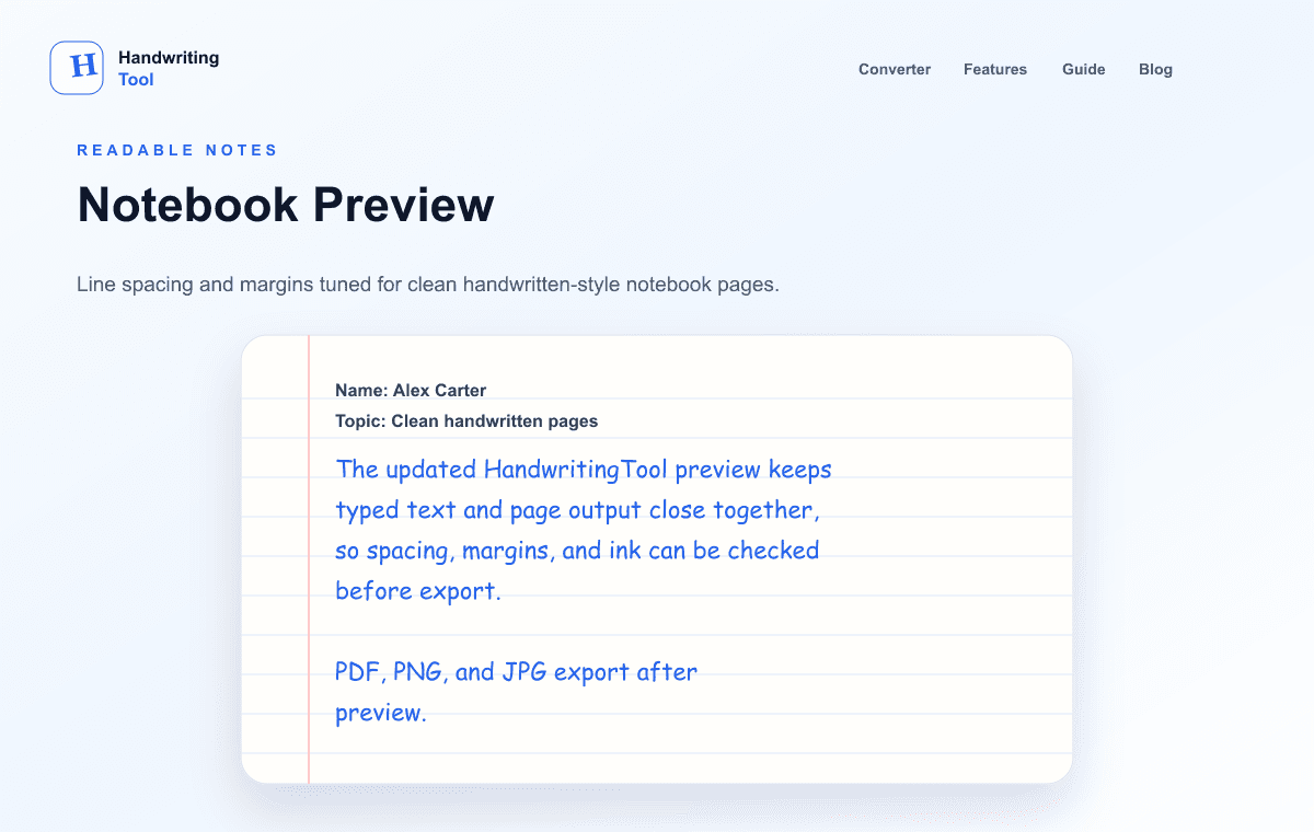 HandwritingTool notebook-style handwritten notes preview