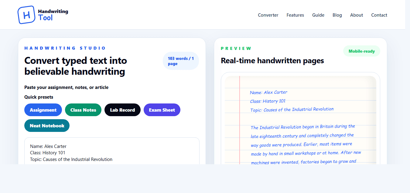HandwritingTool handwritten output preview