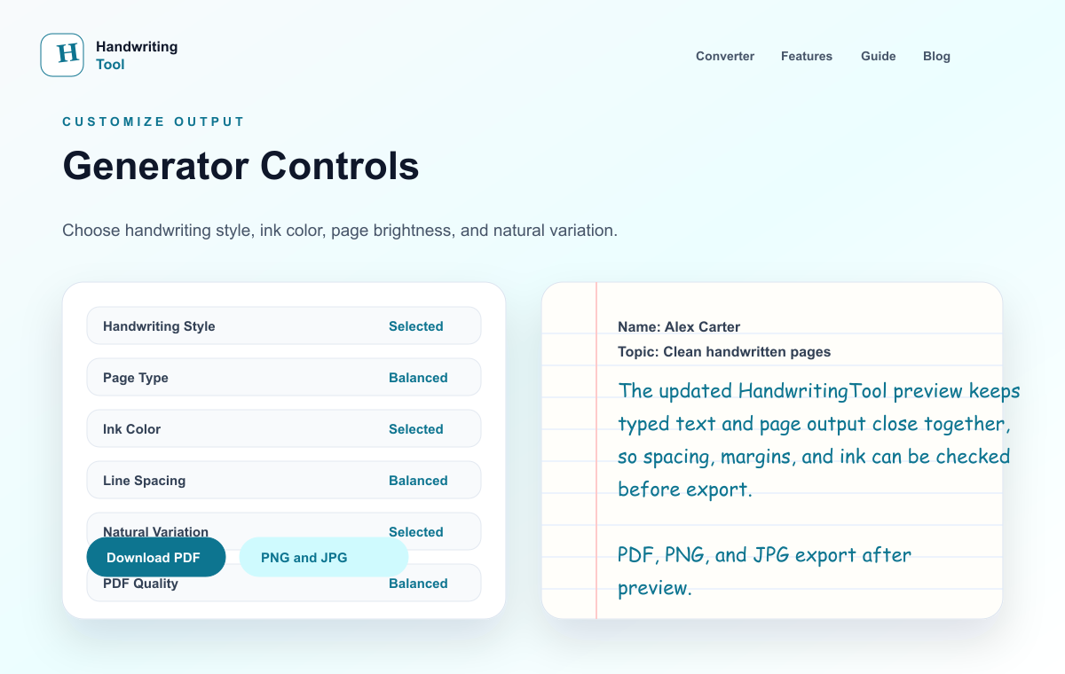 HandwritingTool handwritten text generator controls
