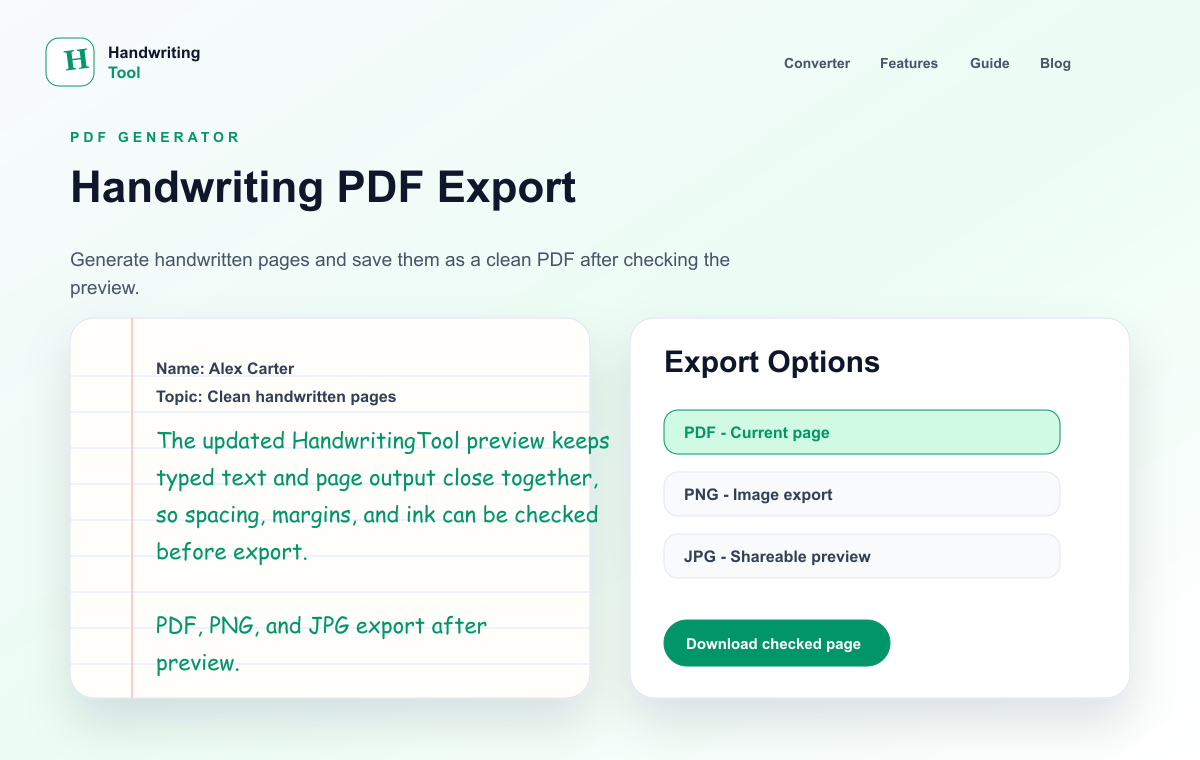 HandwritingTool handwriting PDF export preview