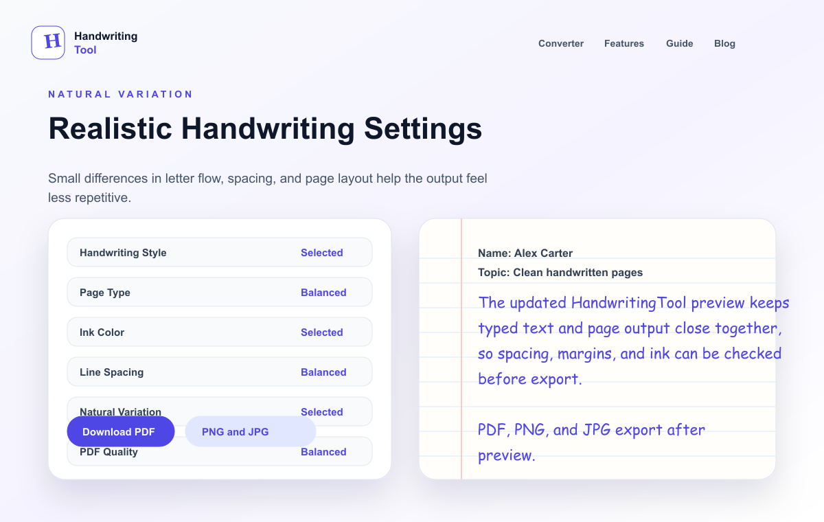 HandwritingTool realistic handwriting settings preview