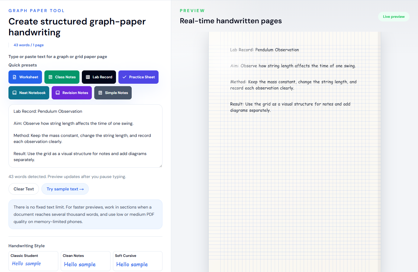 Live graph-paper lab record in the HandwritingTool converter