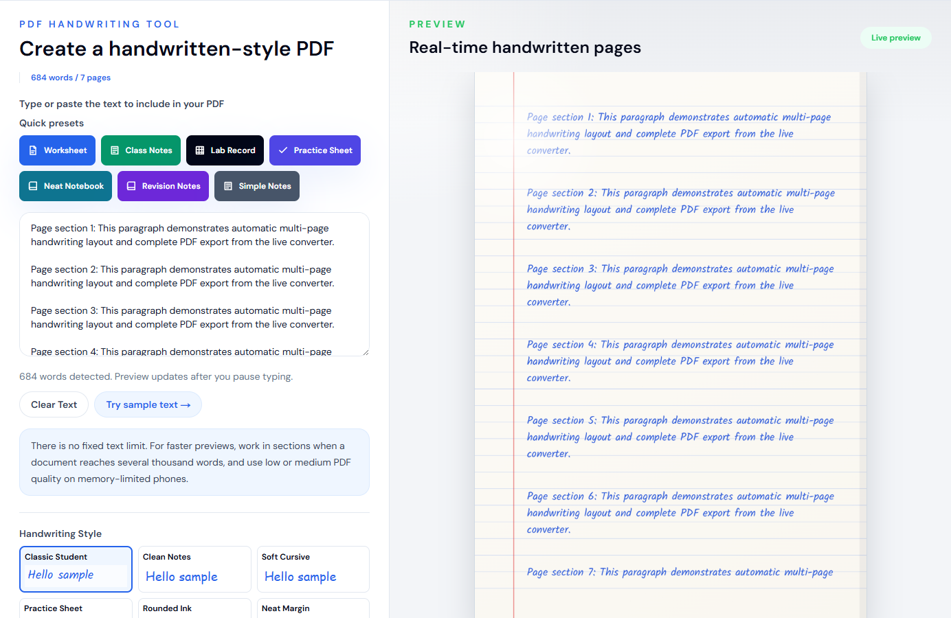 Live multi-page text to handwriting PDF test showing seven generated pages