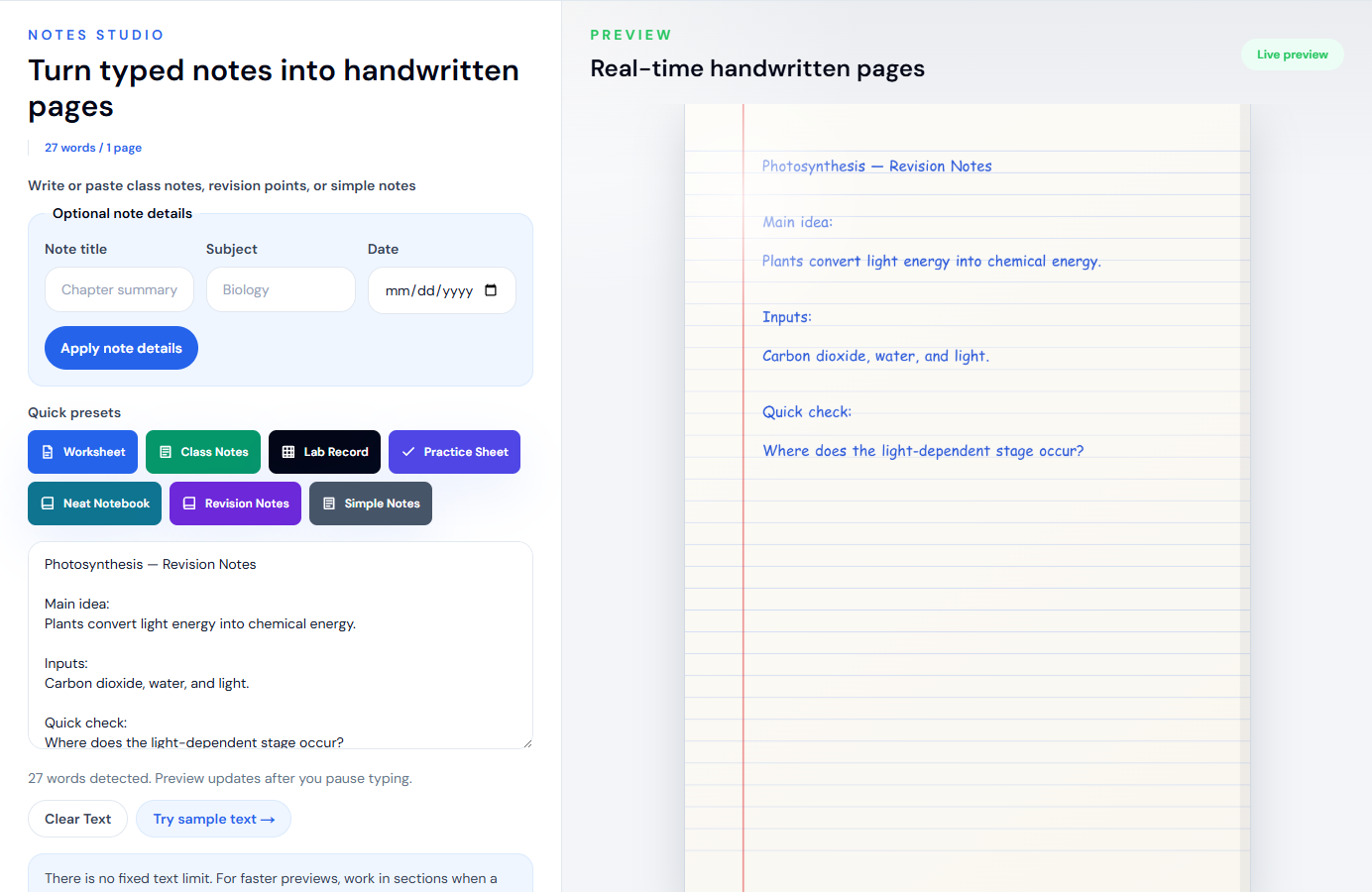 Live HandwritingTool class-notes workspace with lined paper output
